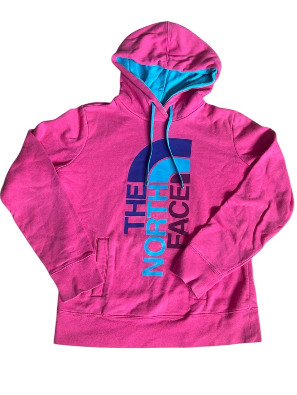 The North Face Half Dome Pullover Hot Pink Hoodie with Aqua Blue Accents Small